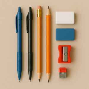 Pens, Pencils, Erasers, Sharpeners